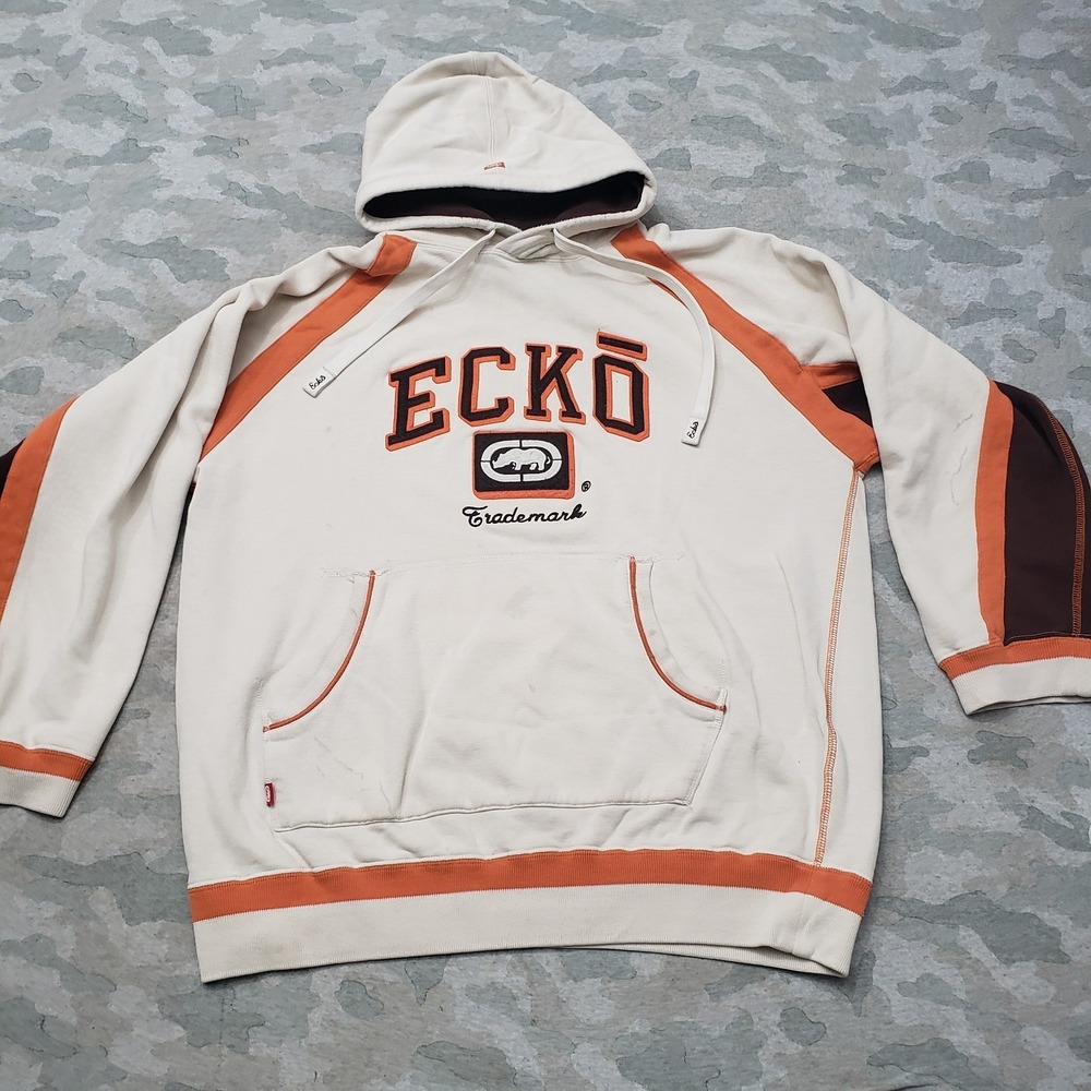 Vintage‎ Ecko Unltd. Sweatshirt Mens XL Beige Y2k Pullover Hoodie Embroidered